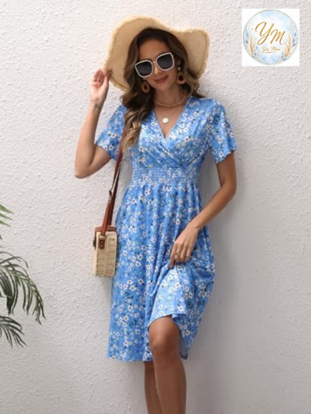Midi Floral Dress - Short Sleeve Wrap V-Neck Smocked Waist A-Line with Pockets - Picture 5 of 7